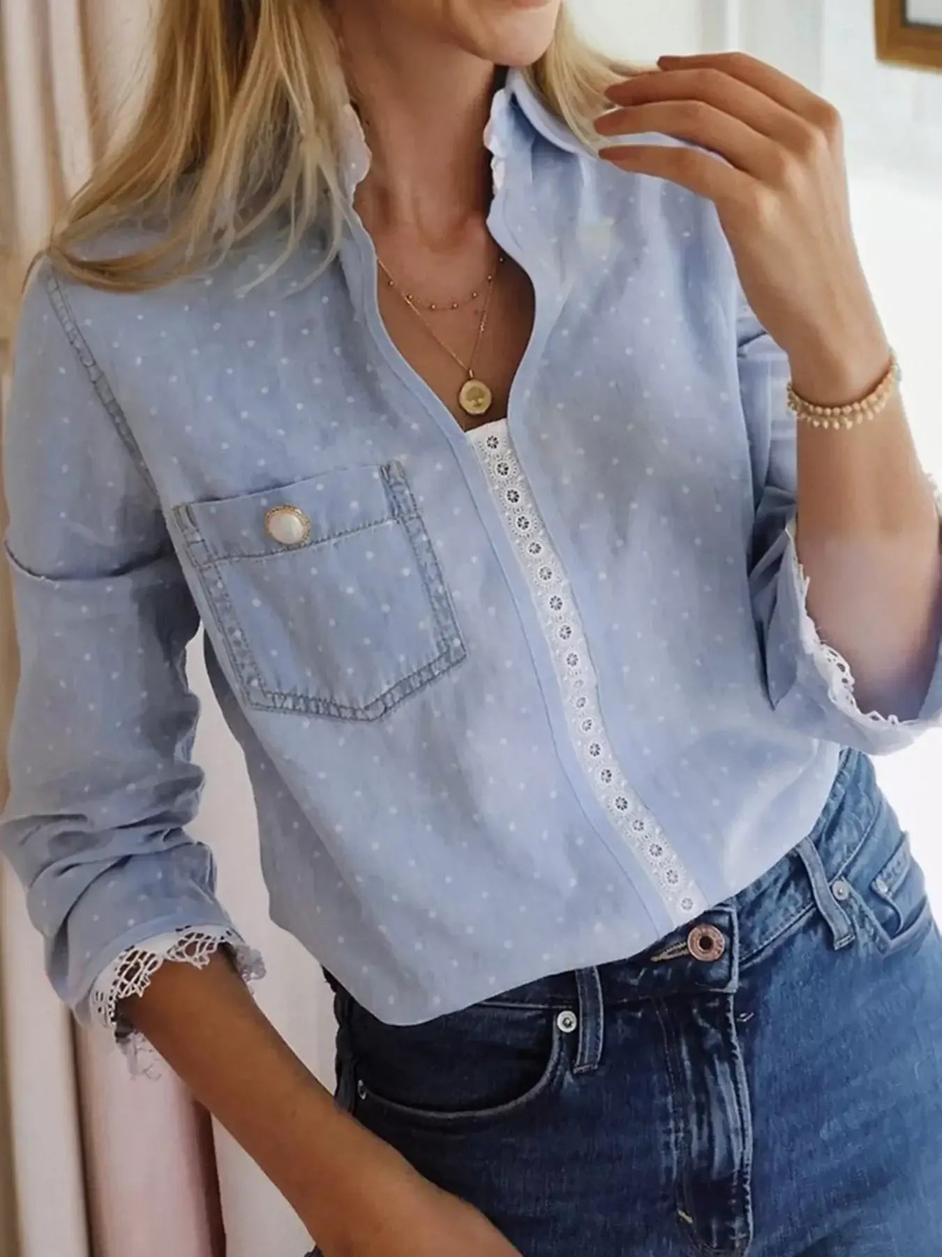 Lace Trim Patchwork Dotted Print Collared Blouse - Trendsi - Flyclothing LLC