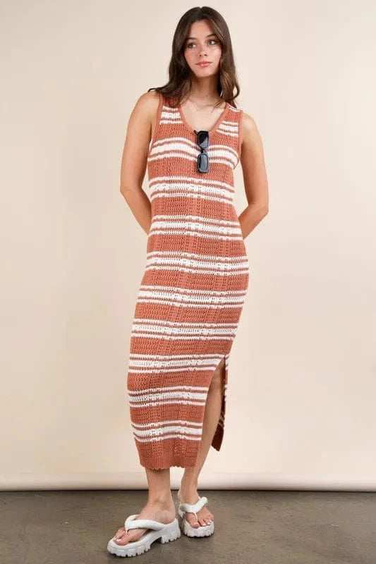 VERY J Stripe Knit Casual Sweater Midi Dress - Trendsi - Flyclothing LLC