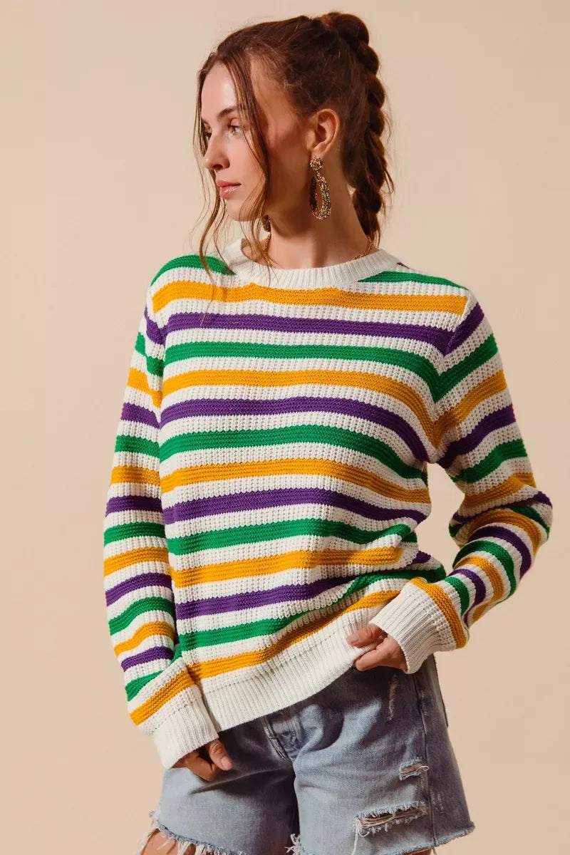 SO ME Mardi Gras Color Stripe Knit Sweater Top - Trendsi - Flyclothing LLC
