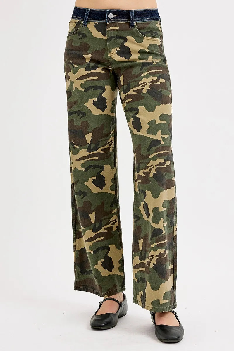 RISEN Camouflage Wide Leg Jeans - Trendsi