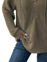 Full Size Button Detail Waffle Knit Hoodie Plus Size - Trendsi - Flyclothing LLC
