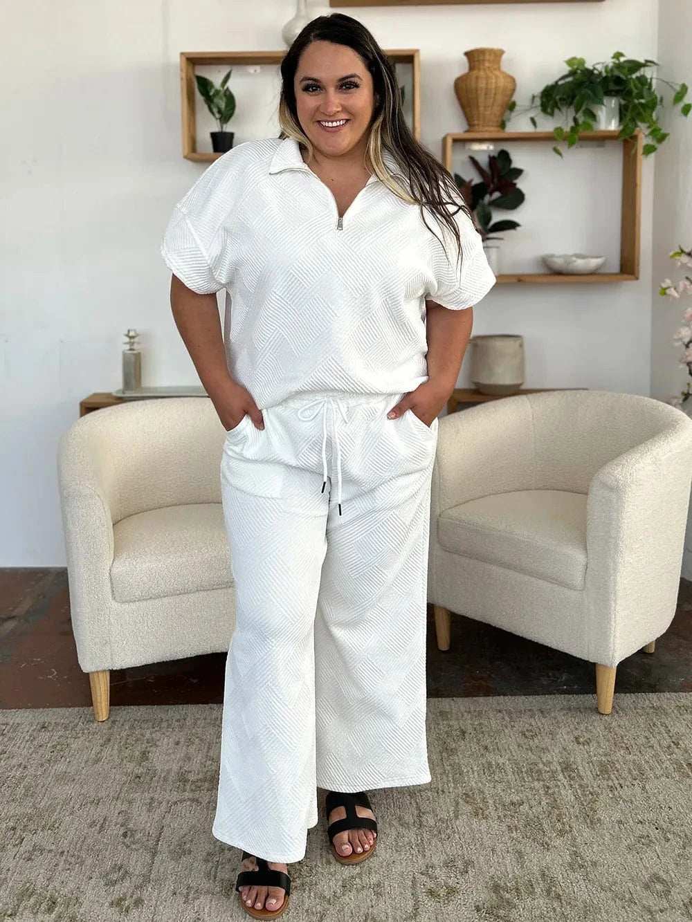 Double Take Full Size Texture Half Zip Short Sleeve Top and Pants Set - Trendsi - Flyclothing LLC