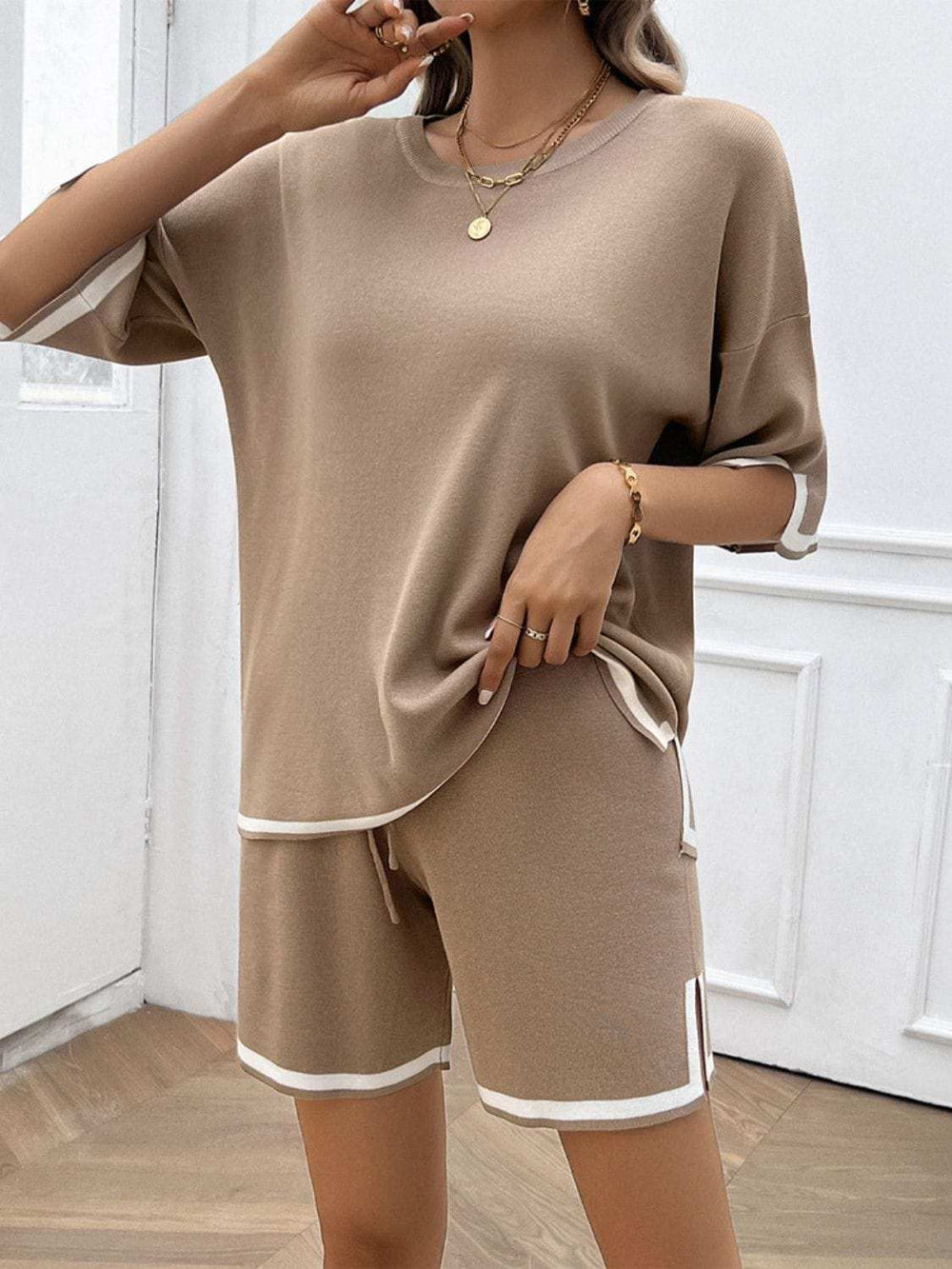 Contrast Trim Round Neck Top and Shorts Set - Trendsi - Flyclothing LLC