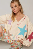 POL V-Neck Long Sleeve Star Fringe Sweater - Trendsi