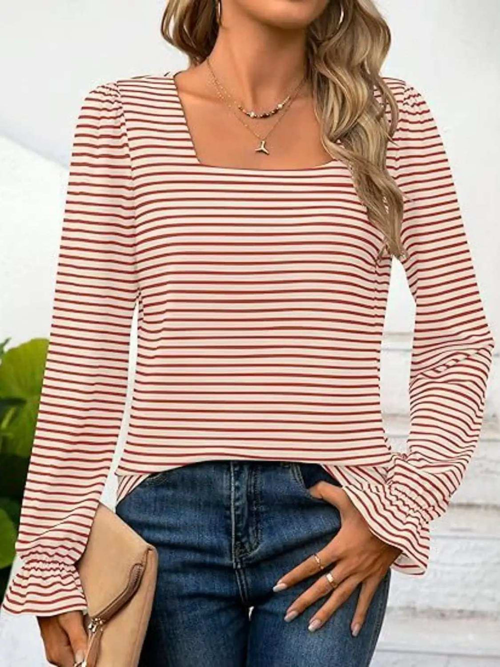 Striped Square Neck Flounce Sleeve Top - Trendsi - Flyclothing LLC
