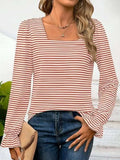 Striped Square Neck Flounce Sleeve Top - Trendsi - Flyclothing LLC