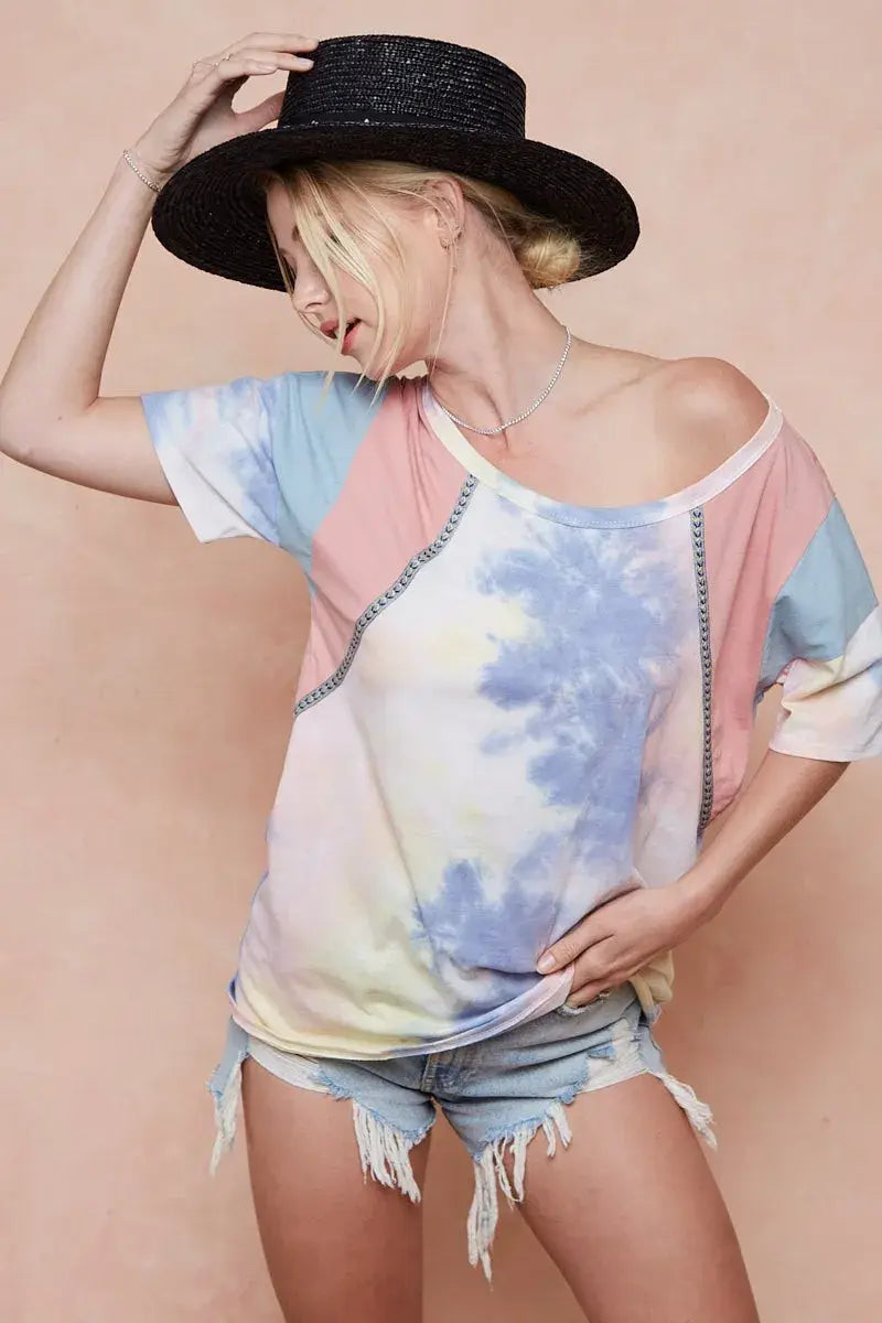 BiBi Tie Dye Printed Cotton Color Block T-Shirt - Trendsi - Flyclothing LLC