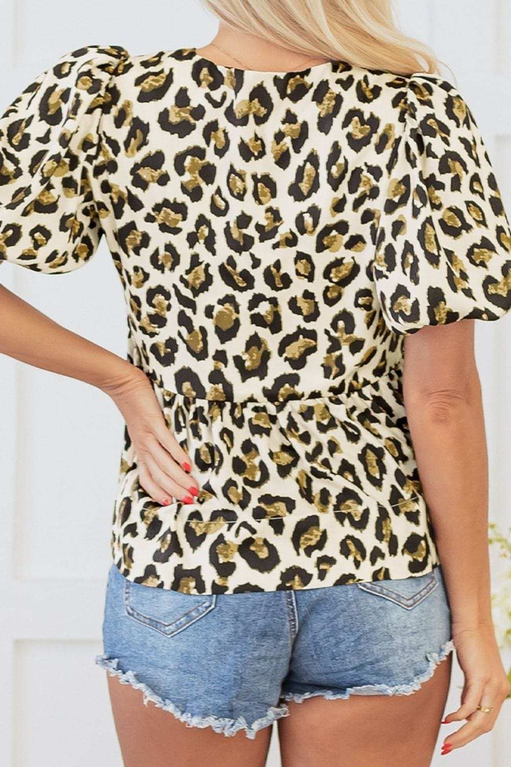 Leopard Bow Tie Front Puff Sleeve Peplum Blouse - Trendsi - Flyclothing LLC