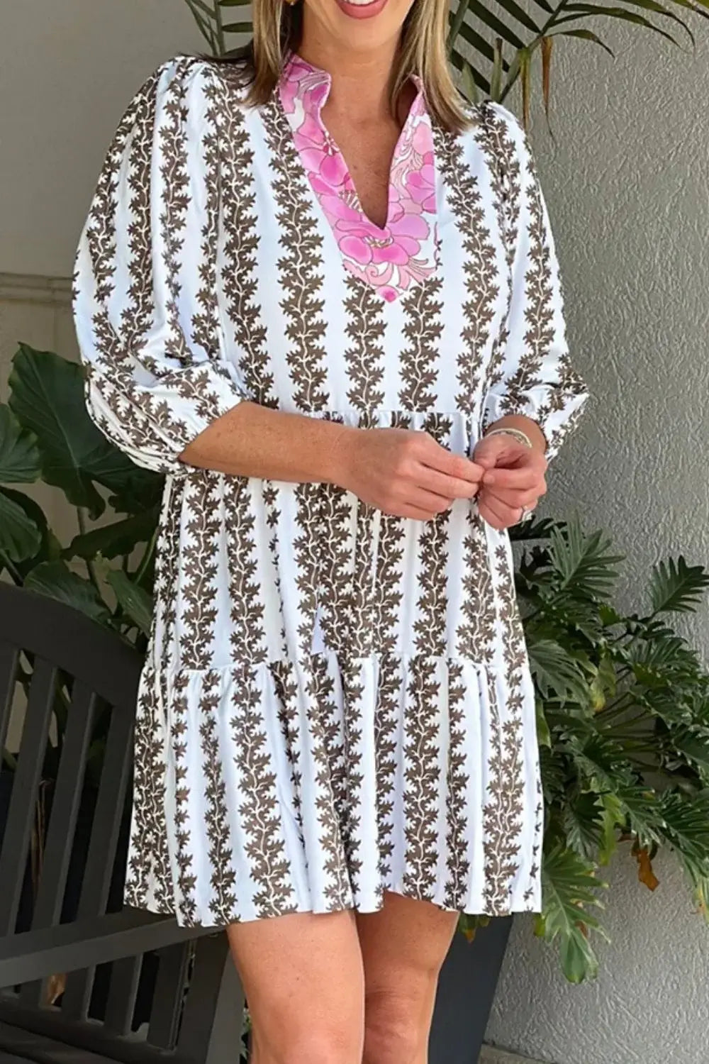Printed Notched 3/4 Sleeve Mini Dress - Trendsi - Flyclothing LLC
