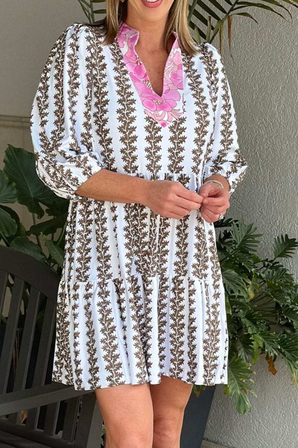 Printed Notched 3/4 Sleeve Mini Dress - Trendsi - Flyclothing LLC