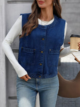 Button-Down Denim Vest - Trendsi - Flyclothing LLC