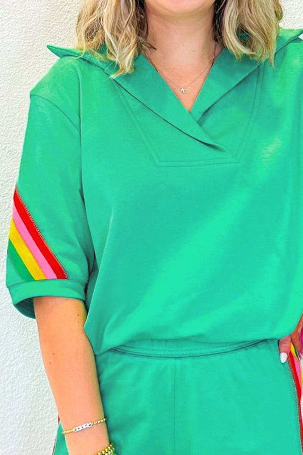 Rainbow Collared Short Sleeve Top and Shorts Set - Trendsi - Flyclothing LLC