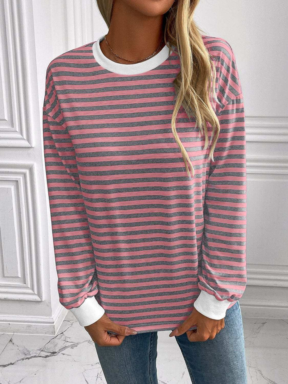 Ivy Lane Striped Round Neck Long Sleeve Sweatshirt - Trendsi - Flyclothing LLC