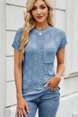 Checkered Round Neck Short Sleeve Knit Top - Trendsi - Flyclothing LLC