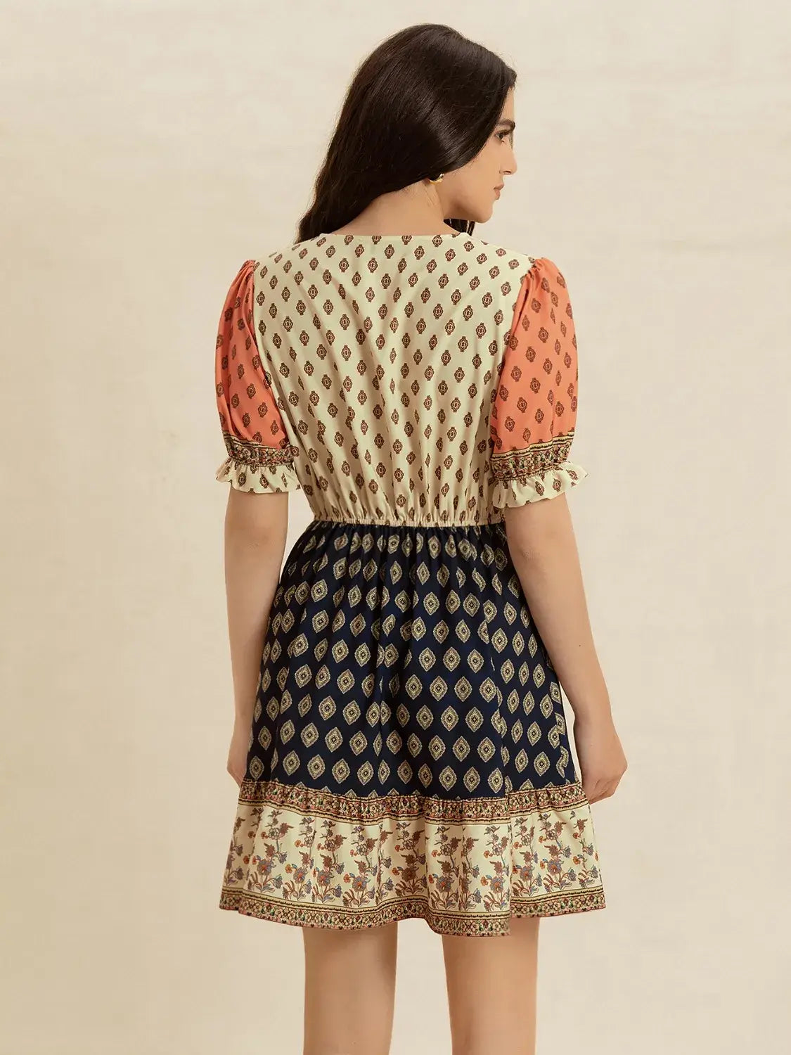 Printed V-Neck Short Sleeve Dress - Trendsi - Flyclothing LLC