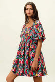BiBi Floral Print Puff Square Neck Dress - Trendsi - Flyclothing LLC