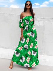 Pleated Floral Off-Shoulder Short Sleeve Midi Dress - Trendsi