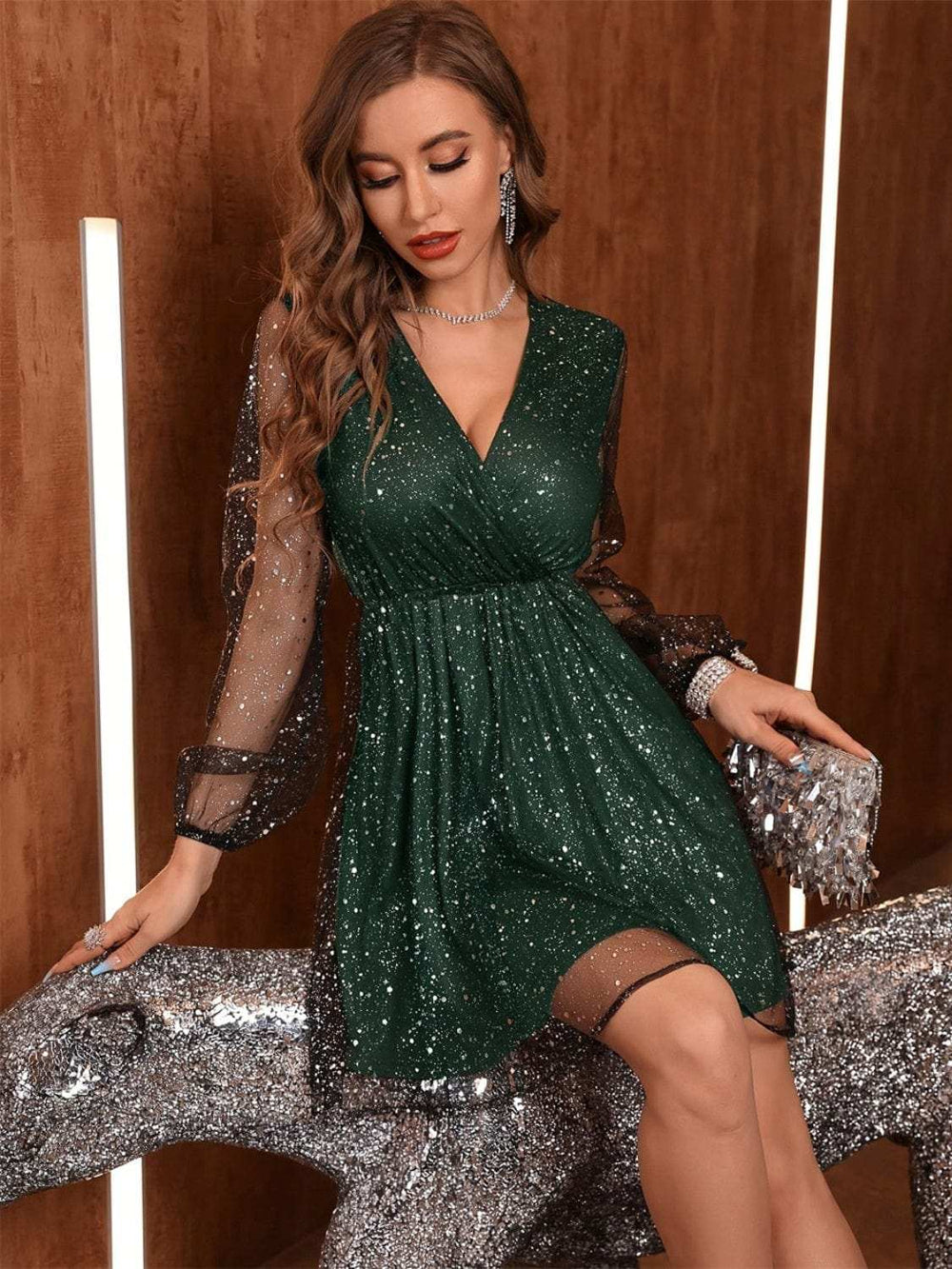 Glitter Surplice Long Sleeve Mini Dress - Trendsi - Flyclothing LLC