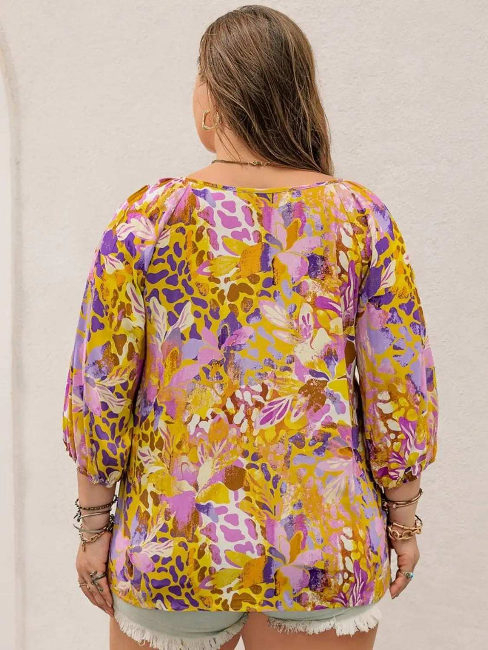 Plus Size Printed Tie Neck Blouse - Trendsi - Flyclothing LLC