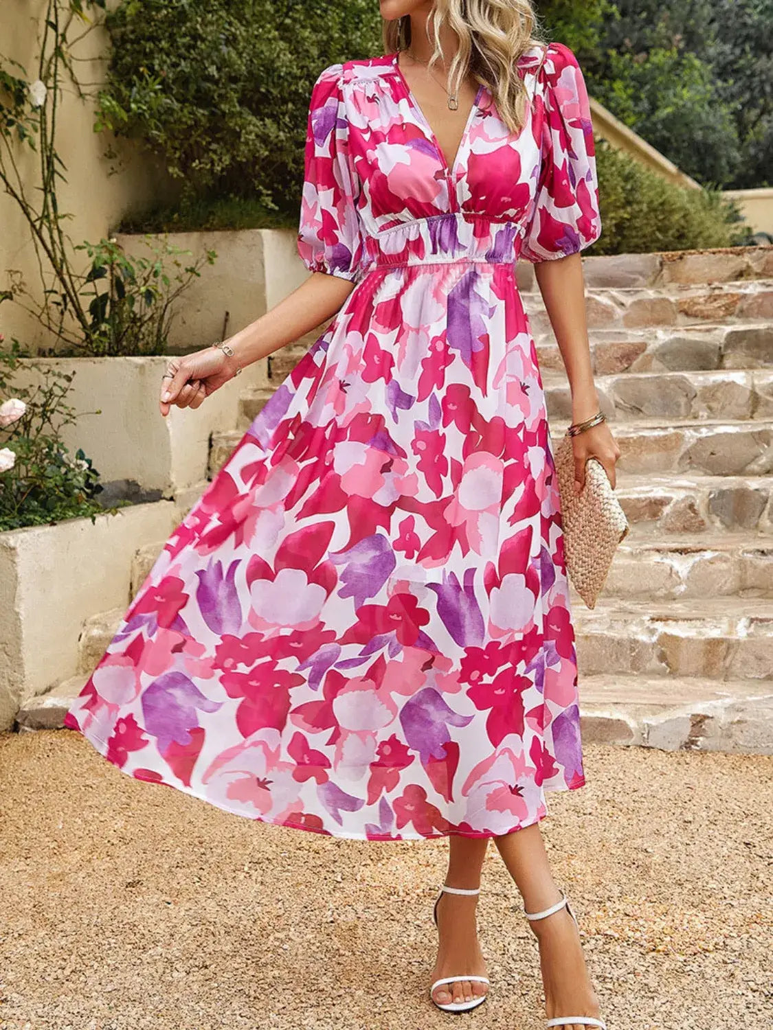 Printed Puff Sleeve Midi Dress - Trendsi - Flyclothing LLC