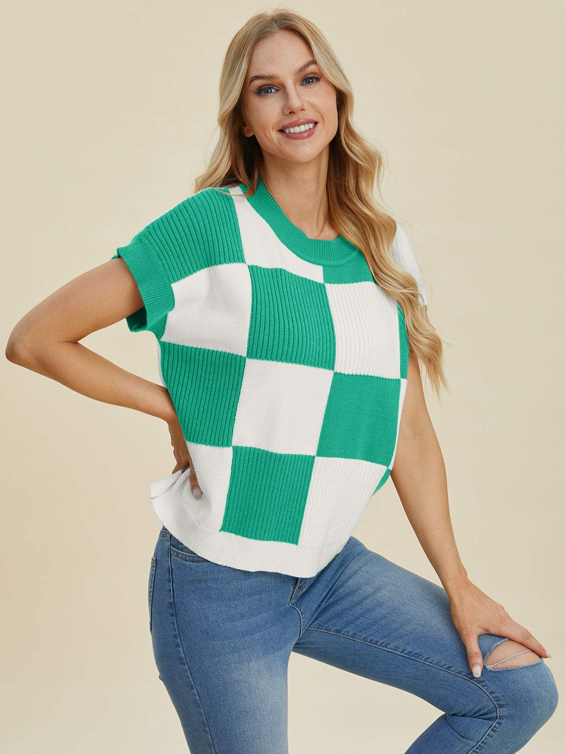 Double Take Full Size Checkered Round Neck Short Sleeve Sweater - Trendsi - Flyclothing LLC