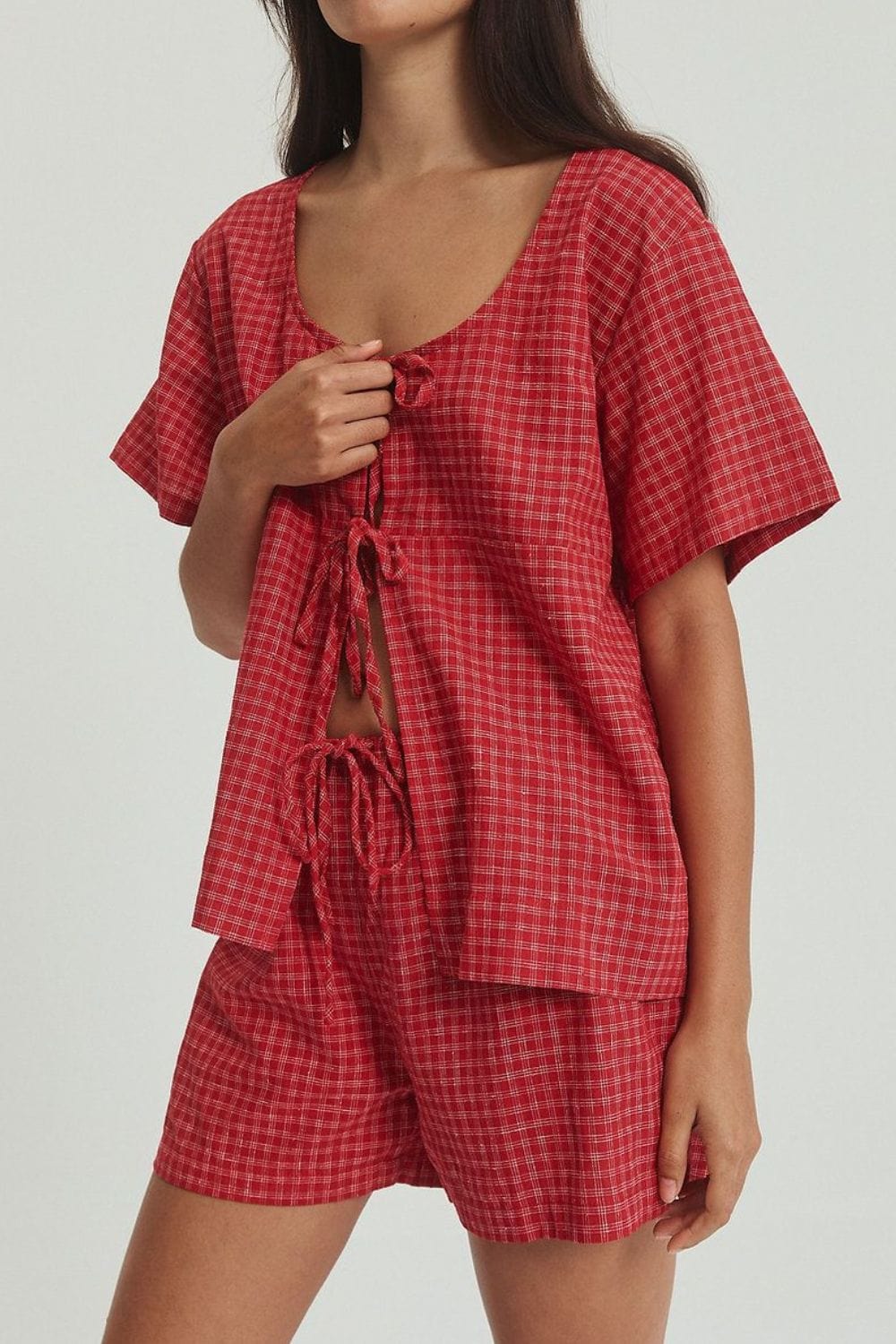 Plaid Tied Scoop Neck Short Sleeve Top and Drawstring Shorts Set - Trendsi