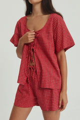 Plaid Tied Scoop Neck Short Sleeve Top and Drawstring Shorts Set - Trendsi