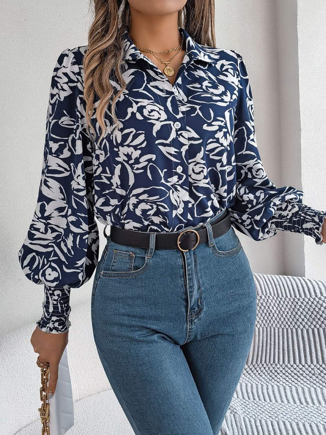 Printed Collared Neck Lantern Sleeve Shirt - Trendsi - Flyclothing LLC
