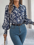 Printed Collared Neck Lantern Sleeve Shirt - Trendsi - Flyclothing LLC