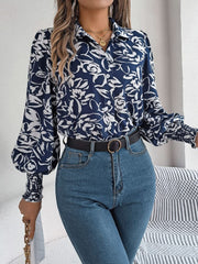 Printed Collared Neck Lantern Sleeve Shirt - Trendsi