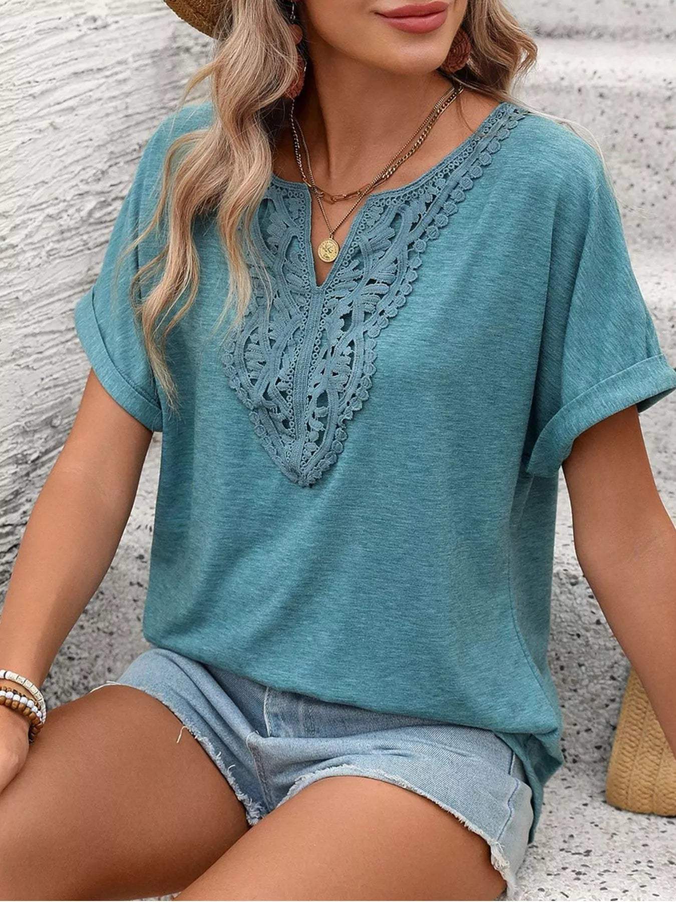 Lace Trim Short Sleeve T-Shirt - Trendsi - Flyclothing LLC