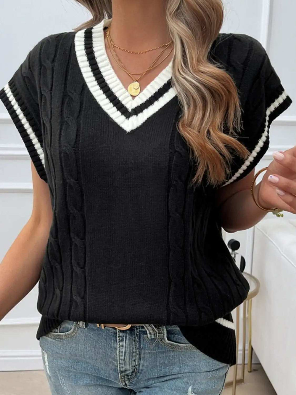 Cable-Knit V-Neck Sweater Vest - Trendsi - Flyclothing LLC