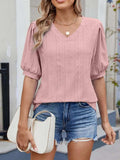 Puff Sleeve V-Neck Eyelet Lace T-Shirt - Trendsi - Flyclothing LLC