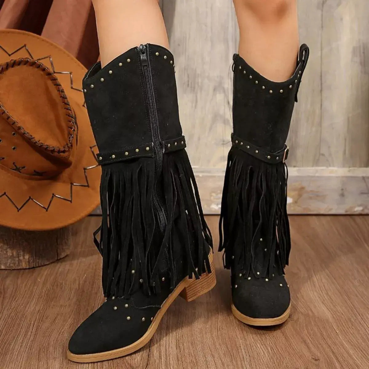 Fringe Point Toe Block Heels Boots - Trendsi - Flyclothing LLC