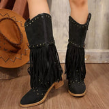 Fringe Point Toe Block Heels Boots - Trendsi - Flyclothing LLC