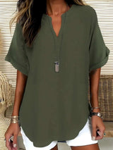 Casual Notched Short Sleeve Blouse - Trendsi - Flyclothing LLC