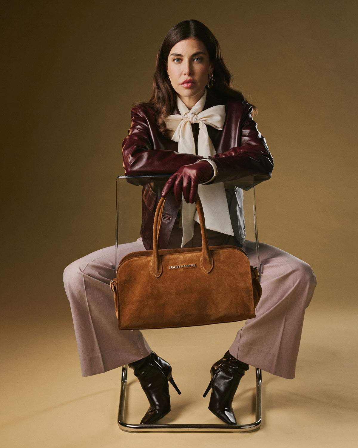 Chiara (cognac) - Italian calf suede women's handbag (with shoulder strap)