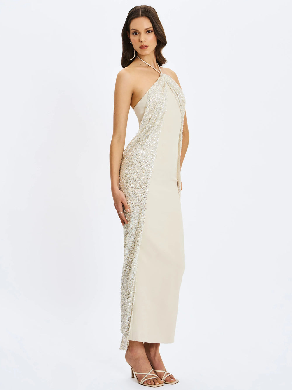 Quimera Almond Beaded Cape Halter Off-Shoulder Maxi Gown - Miss Circle - Flyclothing LLC