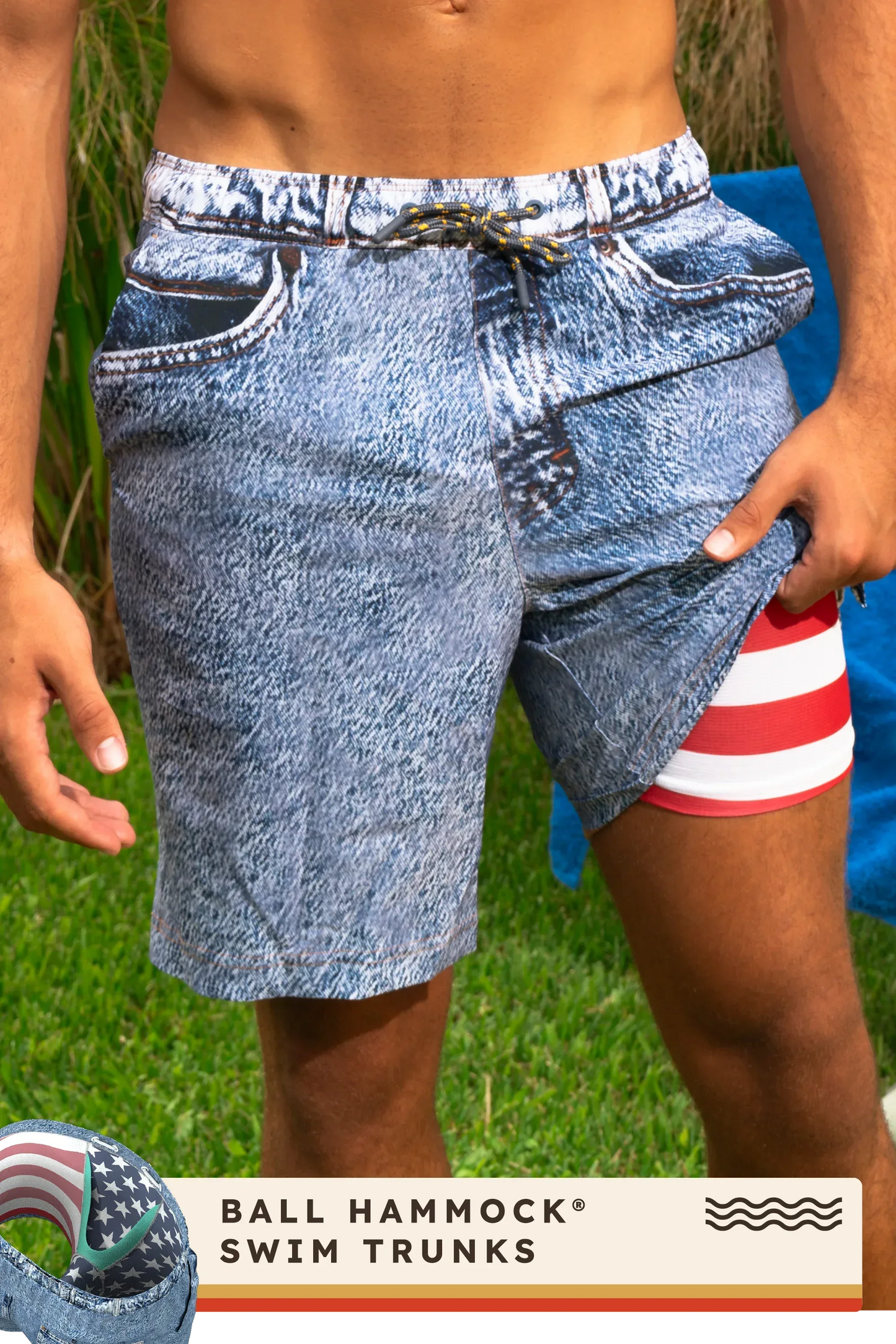 The Jacksonville Jort | Denim USA Ball Hammock® Pouch 8" Swim Trunks - Shinesty - Flyclothing LLC