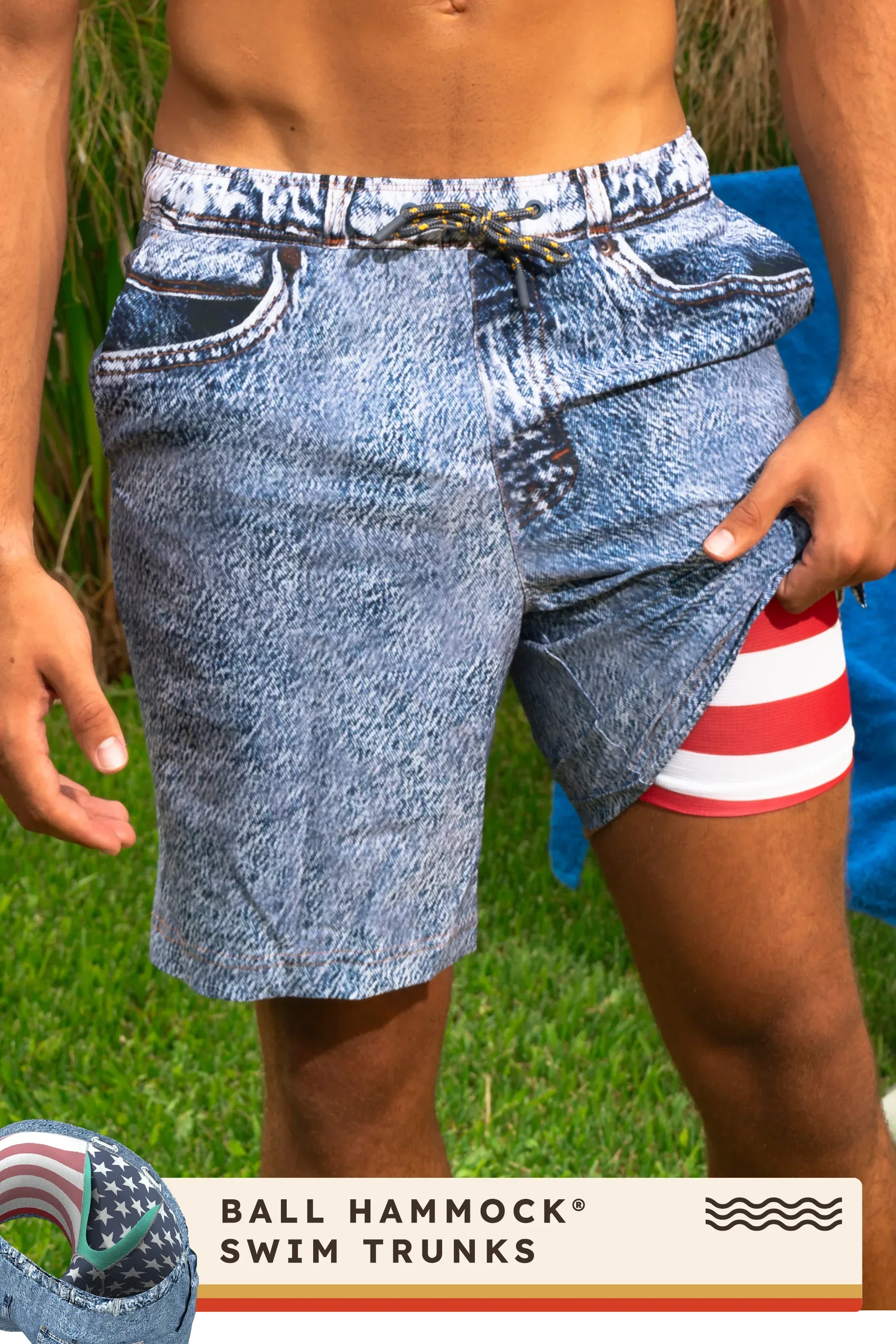 The Jacksonville Jort | Denim USA Ball Hammock® Pouch 8" Swim Trunks - Shinesty - Flyclothing LLC
