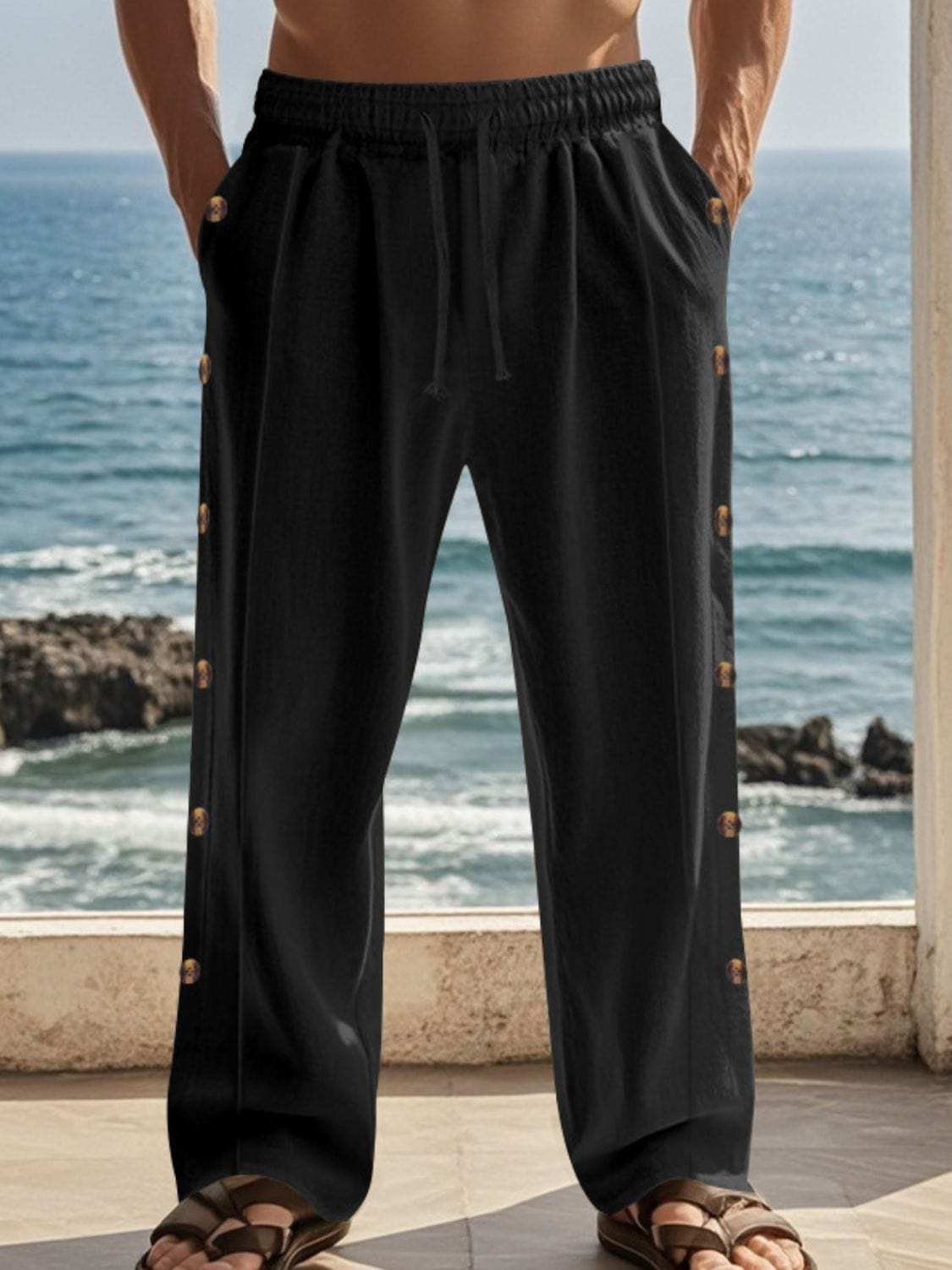 Men's Full Size Side Button Wide Leg Pants Plus Size - Trendsi - Flyclothing LLC