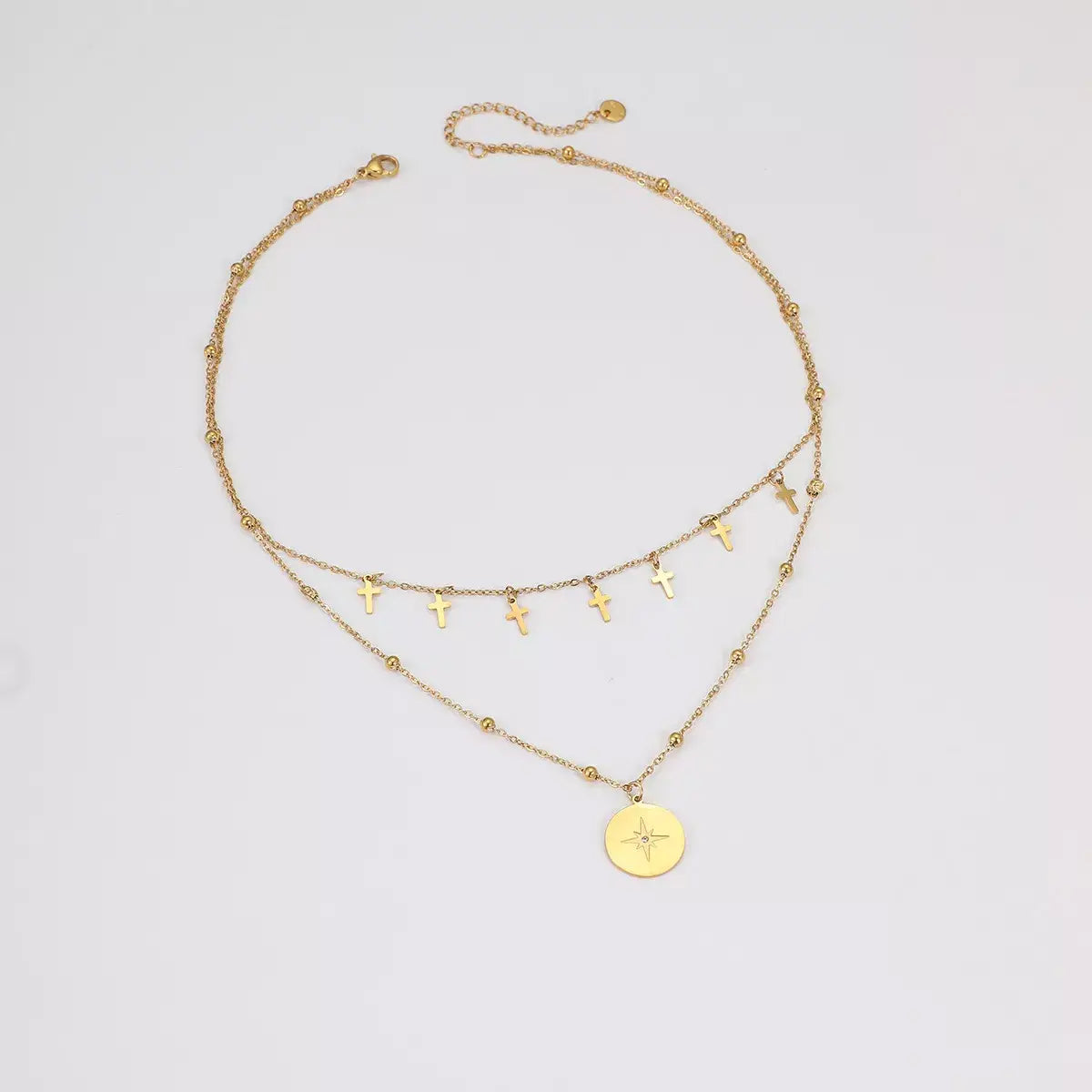 18K Gold-Plated Cross Double Layered Pendant Necklace - Trendsi - Flyclothing LLC