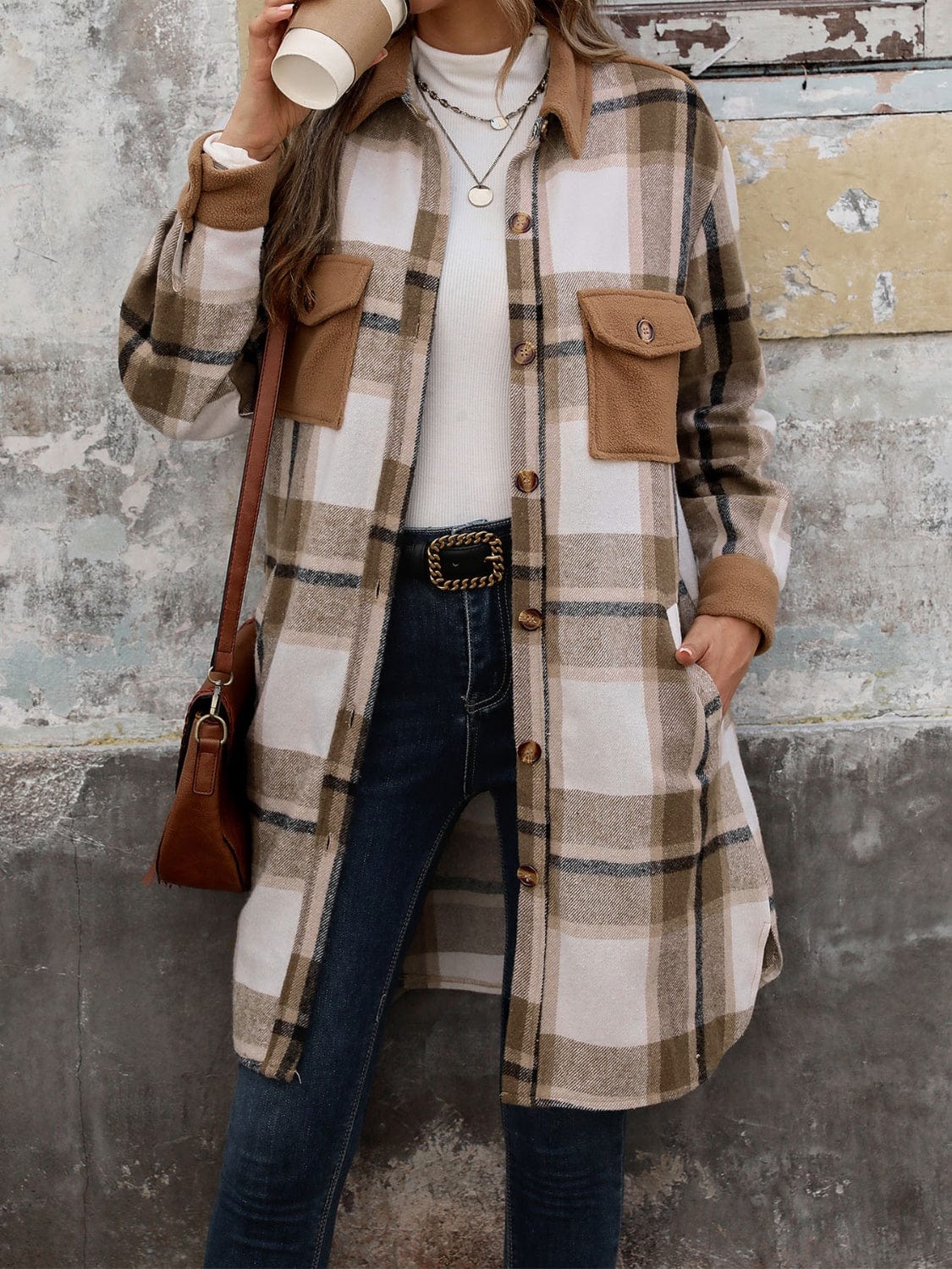 Plaid Button Up Long Sleeve Coat - Trendsi