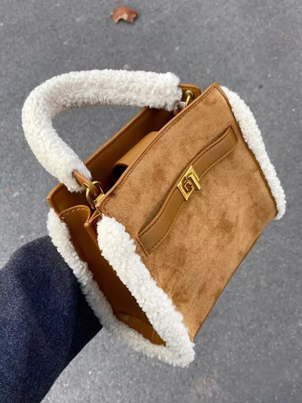 Sherpa Trim Suede Crossbody Bag - Trendsi - Flyclothing LLC