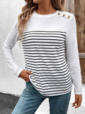 Decorative Button Striped Round Neck Long Sleeve T-Shirt - Trendsi