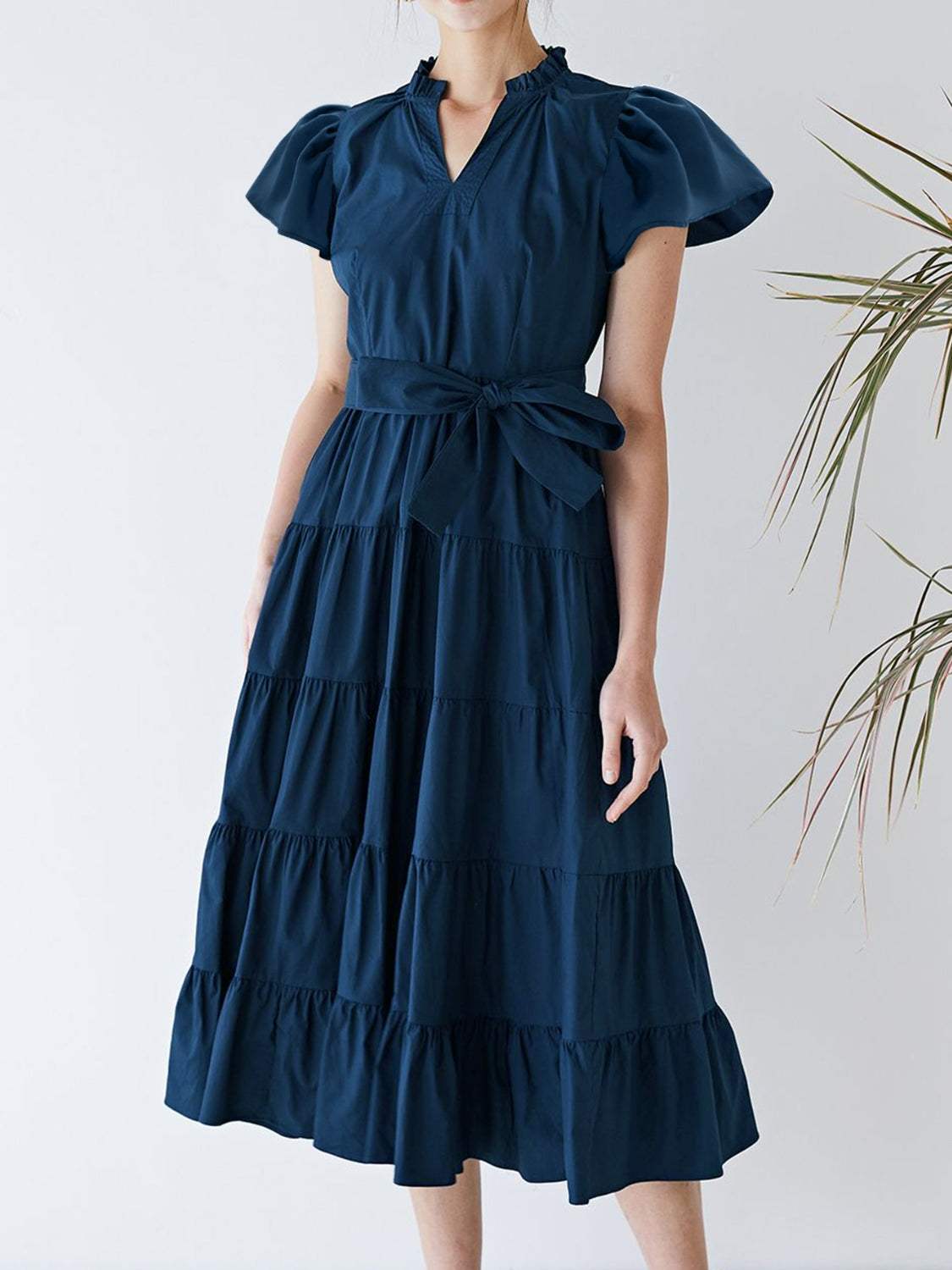 Ruched Tiered Notched Short Sleeve Dress - Trendsi - Flyclothing LLC