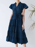 Ruched Tiered Notched Short Sleeve Dress - Trendsi