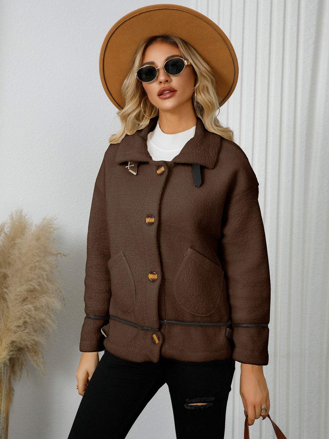 Pocketed Button Down Collared Neck Jacket - Trendsi - Flyclothing LLC
