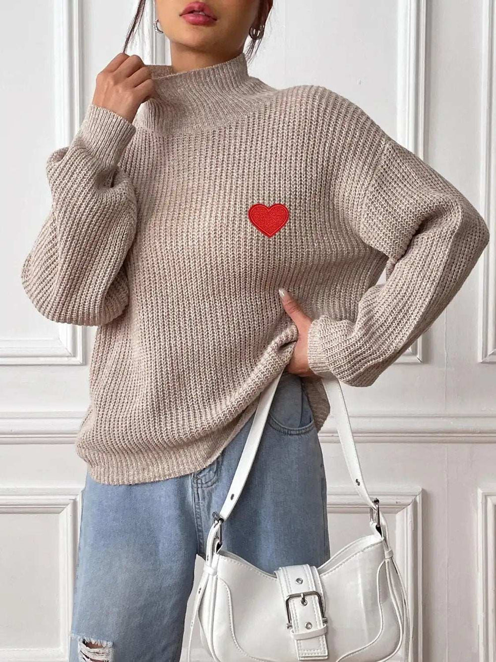 Heart Turtleneck Dropped Shoulder Long Sleeve Sweater - Trendsi - Flyclothing LLC