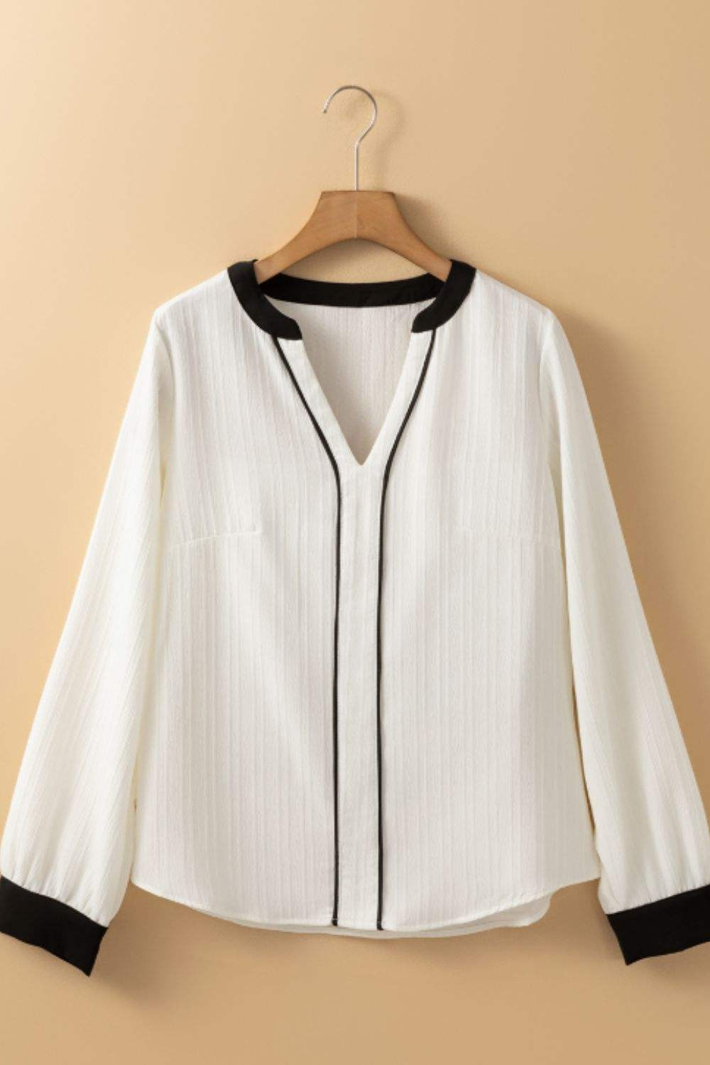 Contrast Notched Long Sleeve Blouse - Trendsi - Flyclothing LLC